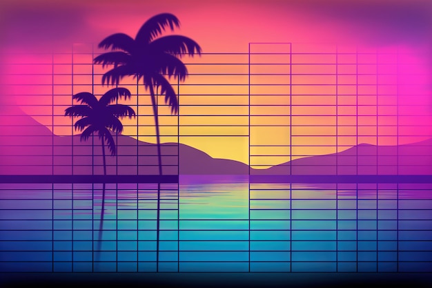 Photo palmiers et paysage arc-en-ciel des années 80 dans le style vaporwave fond de vacances retrowave avec coucher de soleil tropical et palmiers généré ai