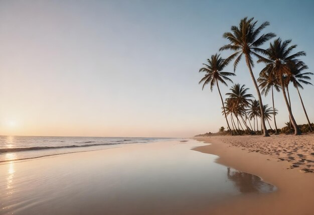 Des palmiers sur une plage au coucher du soleil avec une eau calme et un ciel clair