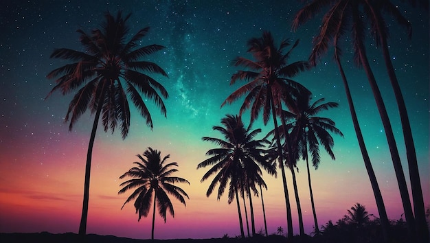 Des palmiers sur une plage au coucher du soleil Des palmier sur une plague au coucher de soleil avec un ciel étoilé la nuit