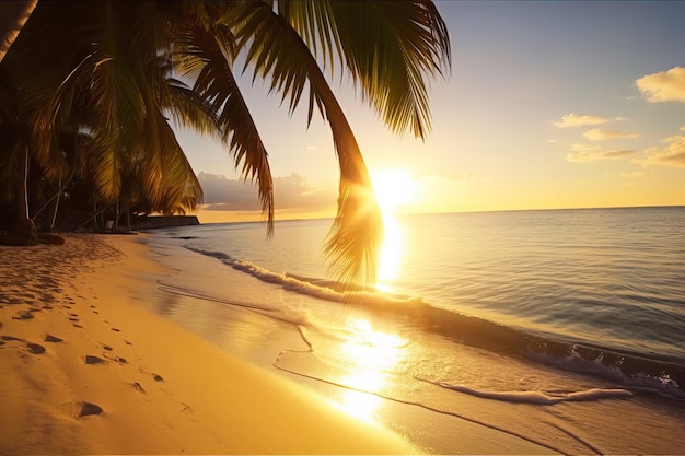 Palmiers sur une plage au coucher du soleil