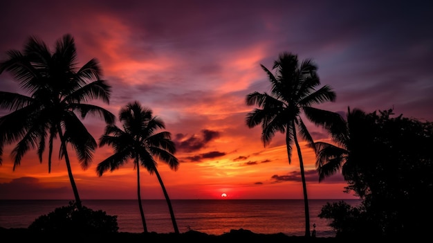 Palmiers sur la plage au coucher du soleil