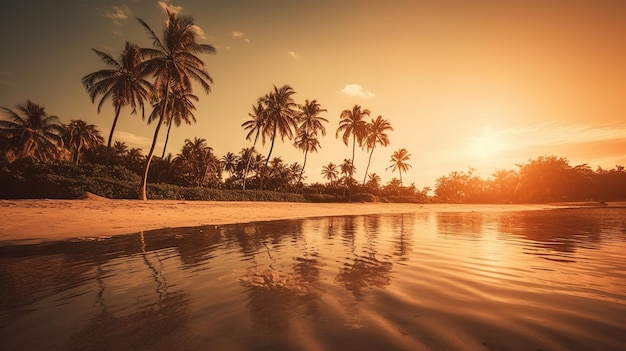 Palmiers sur la plage au coucher du soleil