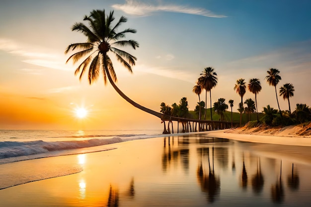 Palmiers sur la plage au coucher du soleil