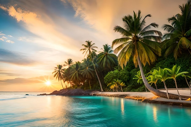 Palmiers sur la plage au coucher du soleil