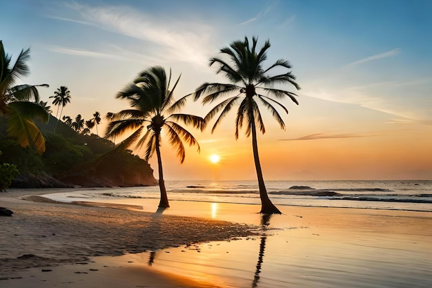 Palmiers sur la plage au coucher du soleil