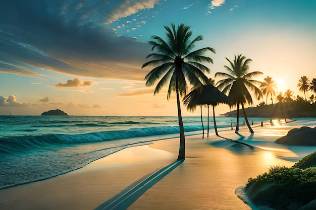 Palmiers sur la plage au coucher du soleil