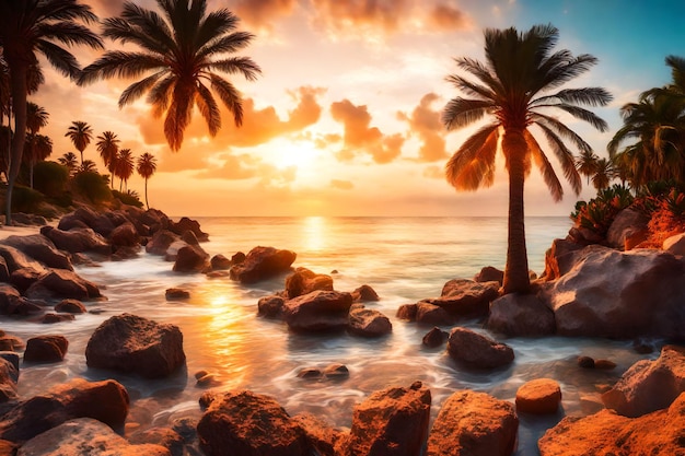 Photo des palmiers sur la plage au coucher du soleil
