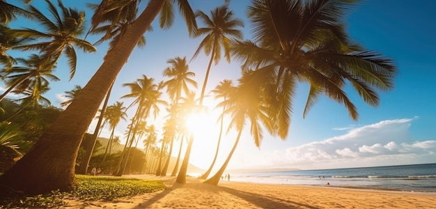Palmiers sur une plage avec le soleil qui brille dessus
