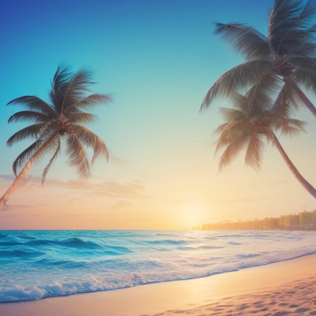 des palmiers sur la plage et le soleil qui se couche derrière eux