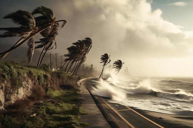 Photo palmiers sur une route avec une tempête en arrière-plan