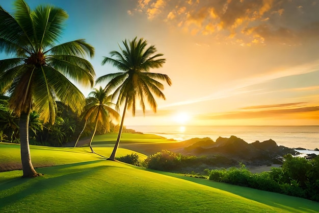 Palmiers sur un terrain de golf au coucher du soleil