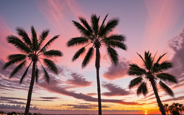 Palmiers tropicaux au crépuscule contre un coucher de soleil sur un ciel rose