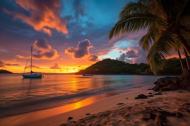 Des palmiers et un voilier au coucher du soleil sur une plage tropicale