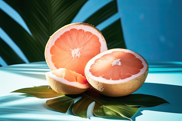 Pamplemousse frais d'été tropical et noix de coco sur des feuilles de palmier sur fond bleu IA générative