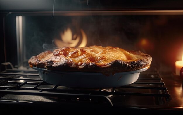 Pan avec délicieuse tarte aux pommes cuite à l'intérieur du four photo de nourriture professionnelle ai générée