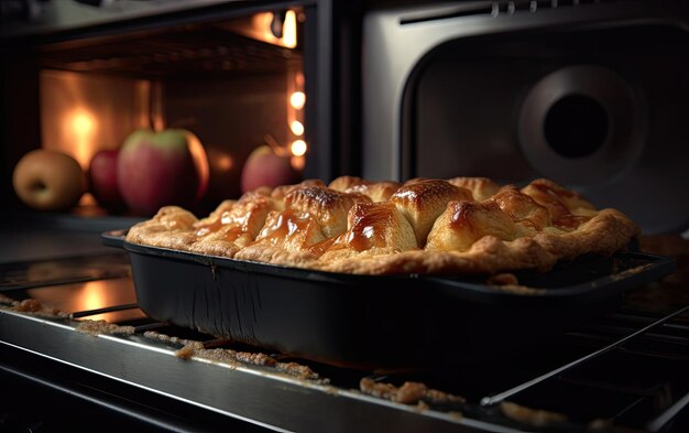 Pan avec délicieuse tarte aux pommes cuite à l'intérieur du four photo de nourriture professionnelle ai générée