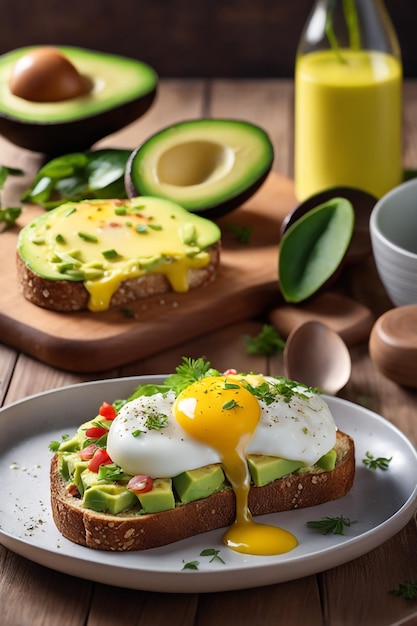 Photo pan photo d'omelette d'œufs cuits avec un délicieux avocado dans un fond naturel concept sain