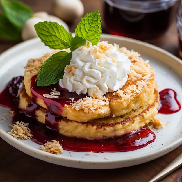 Pancake à l'avoine avec fromage cottage à la banane et confiture