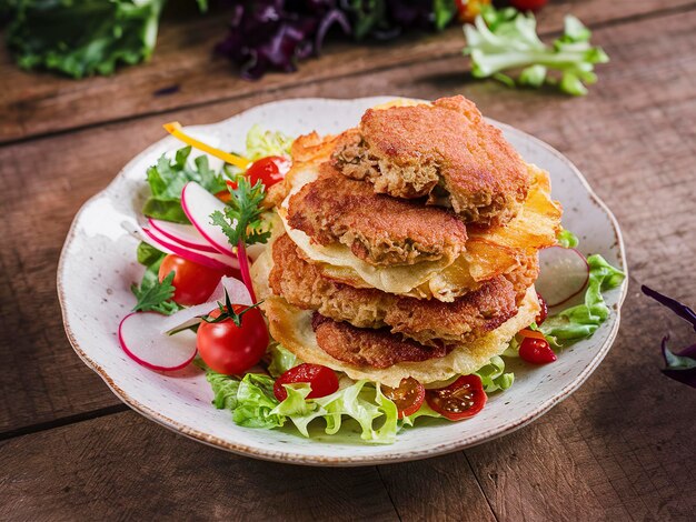 Pancakes au foie de poulet avec des légumes sur fond de bois Idée de frites de foie de chicken frites de style rustique