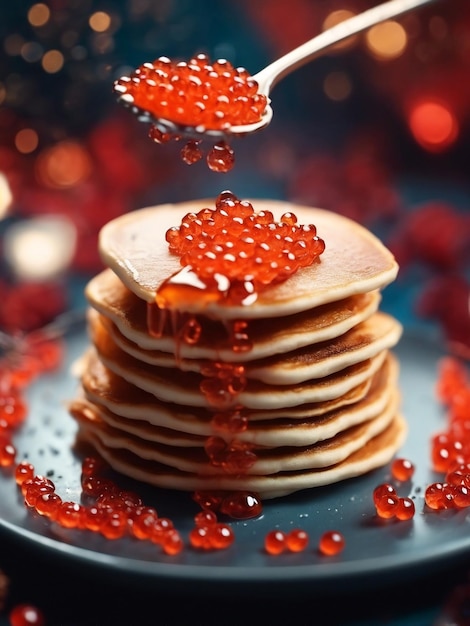 Pancakes avec du caviar rouge Caviar sur des crêpes Une pile de crêpes Concept de cuisine festive
