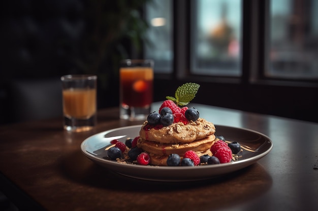 Pancakes protéinés aux baies fraîches Recette copieuse riche en protéines et faible en gras AI générative