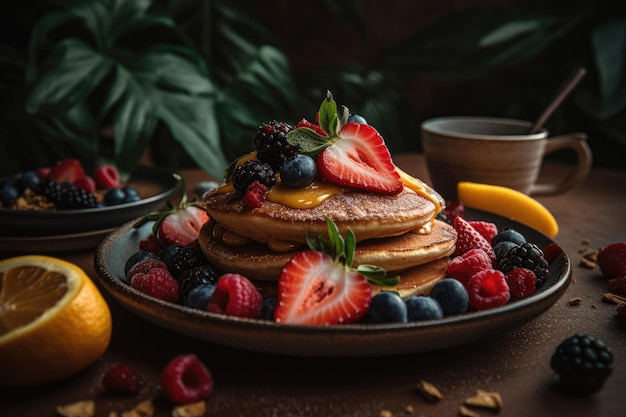 Pancakes végétaliens aux baies et au citron Generative Ai