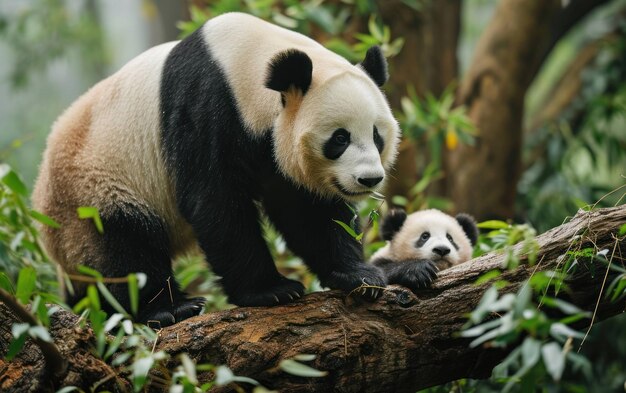 Un panda apprend à grimper sous l'œil vigilant de sa mère.