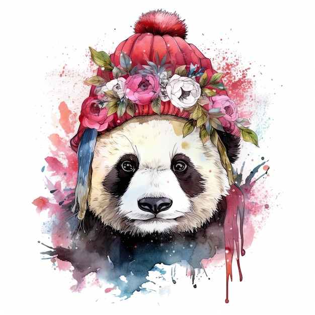 Panda aquarelle au chapeau avec des fleurs Illustration AI GenerativexA