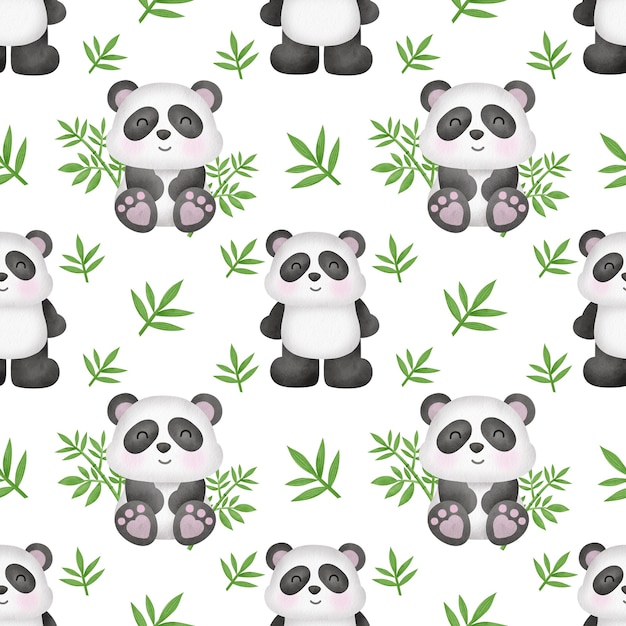 Panda aquarelle avec motif sans couture de bambou