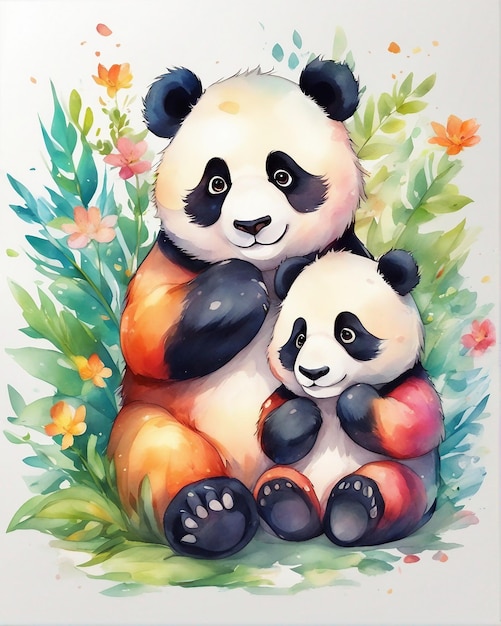 panda aquarelle avec son bébé