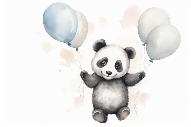 un panda aquarelle tient des ballons en l'air dans le style gris et beige