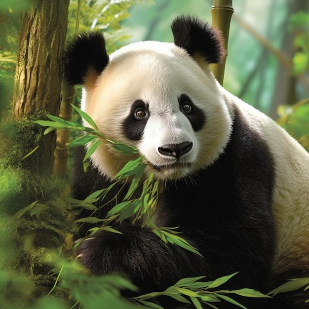 un panda aux yeux noirs et au visage blanc et aux yeux noirs.