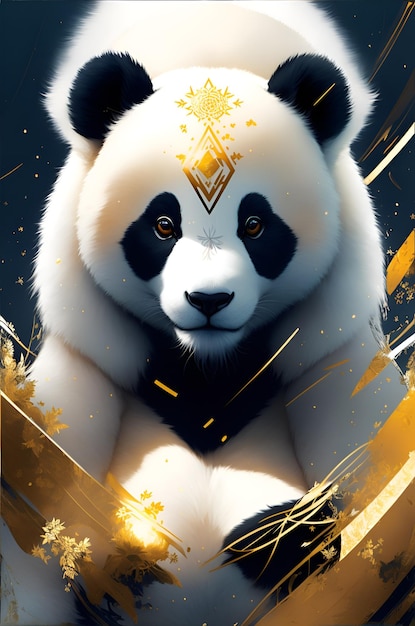 Un panda avec un cadre doré et de la peinture dorée dessus.