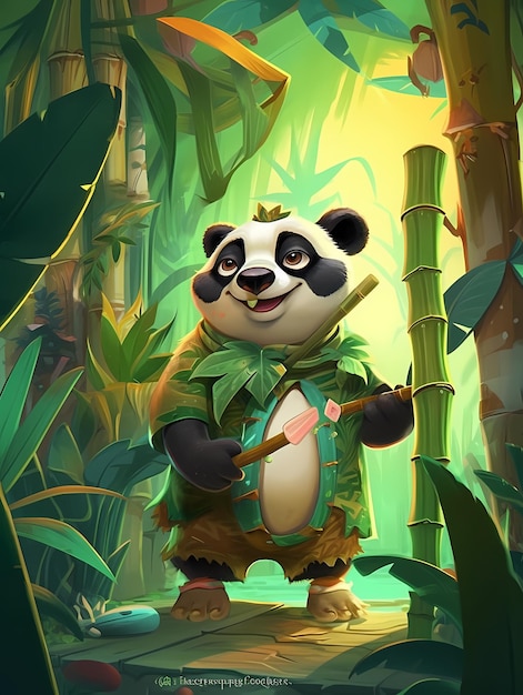 Un panda avec une chemise verte et une chemise qui dit "panda" dessus