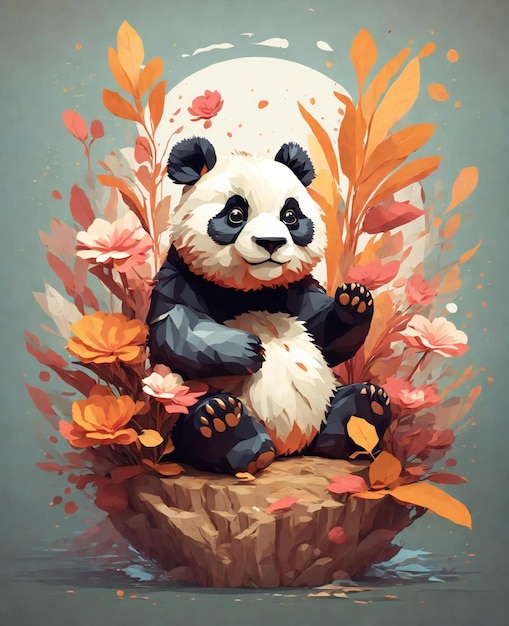 Un panda avec un cône sur la tête est assis dans un arrangement floral
