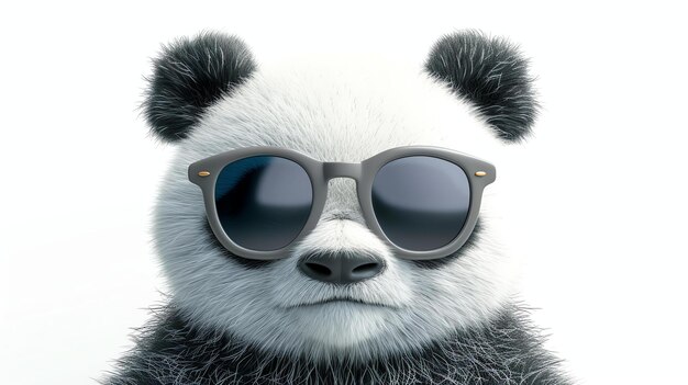 Un panda cool portant des lunettes de soleil regarde la caméra Le panda a un manteau de fourrure noir et blanc et des lunette de soleil sombre Le fond est blanc