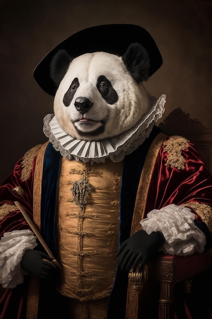 Un panda en costume avec un collier en or est assis sur une chaise