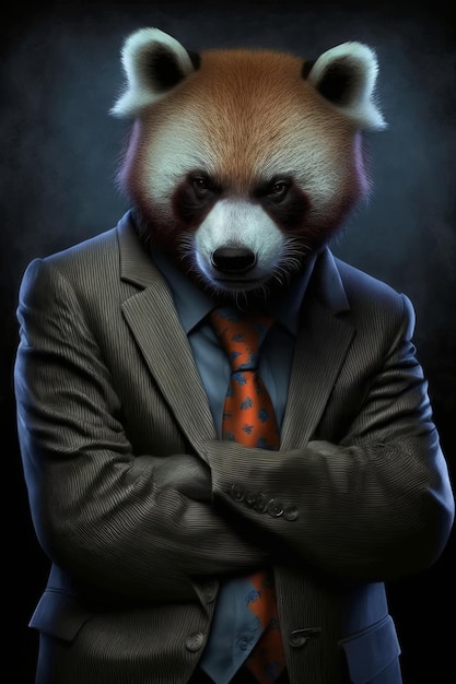 Un panda avec un costume et une cravate est debout, les bras croisés.