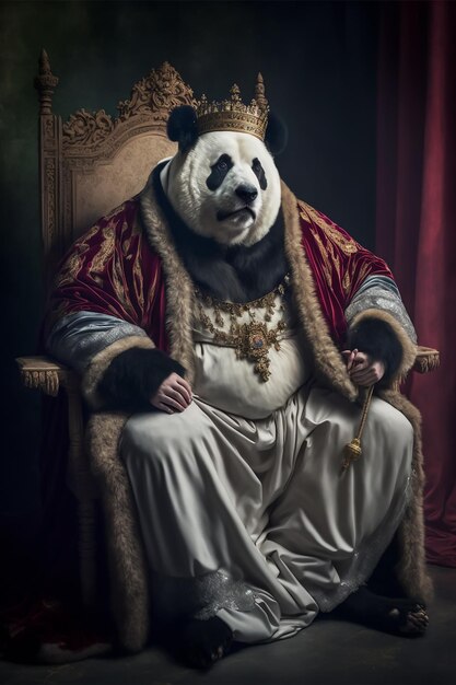 Un panda en costume de roi est assis sur une chaise