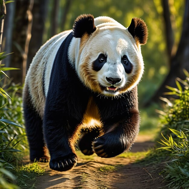 Photo le panda court sur la piste de fond, la nature du désert, la faune et la neige.