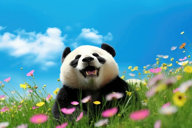 Panda dans un champ de fleurs