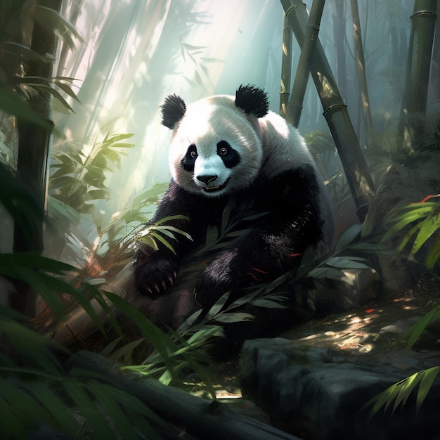un panda dans une forêt de bambous avec du bambou en arrière-plan.