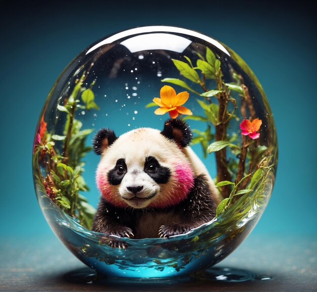 Panda dans un globe de verre avec des fleurs sur fond bleu