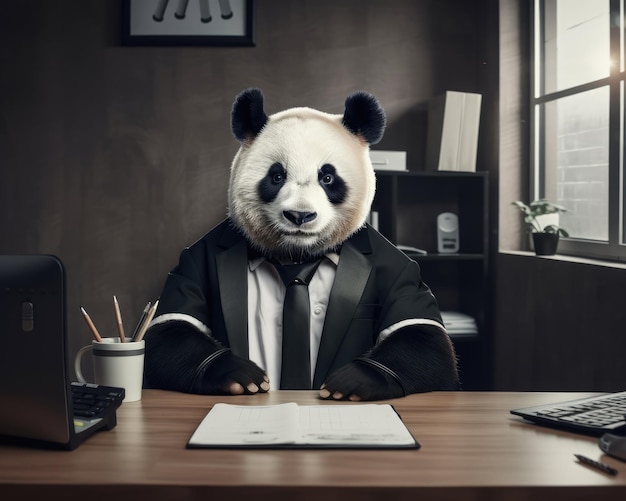 Un panda déguisé en homme d'affaires travaillant au bureau