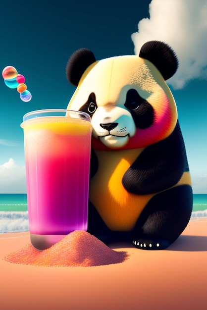 Un panda de dessin animé est assis sur la plage à côté d'un verre de jus.