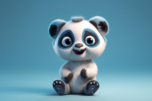 Panda de dessin animé mignon assis sur fond bleu rendu 3d