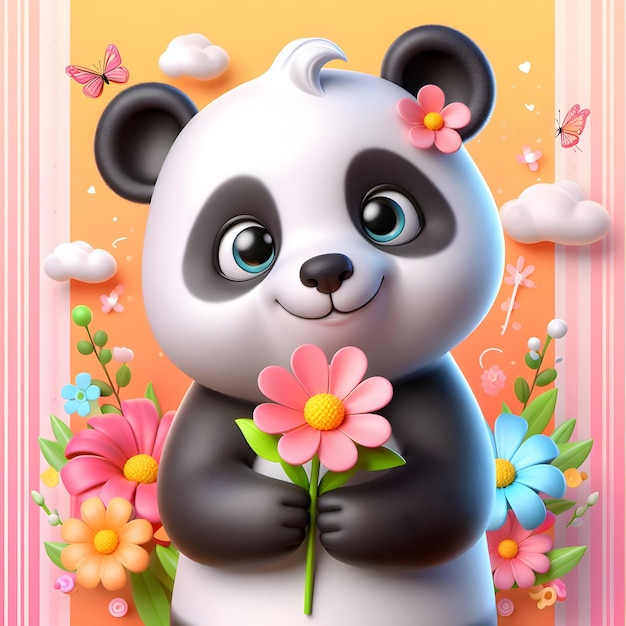 Un panda de dessin animé mignon avec une illustration vectorielle de fleurs