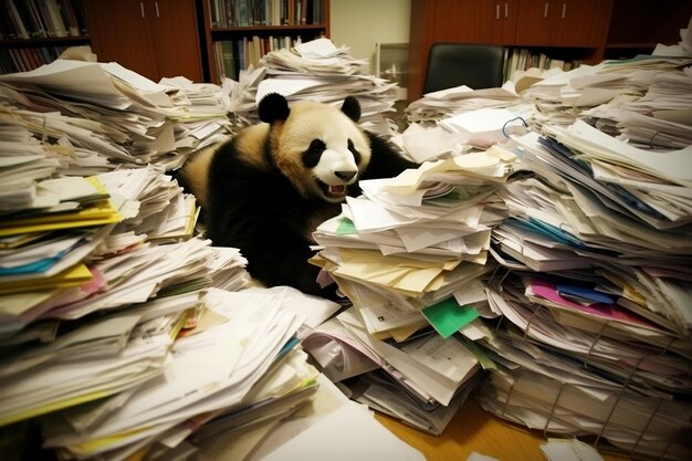 Un panda épuisé dormant sur une pile de fichiers.