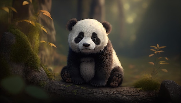 Un panda est assis sur une bûche dans une forêt.