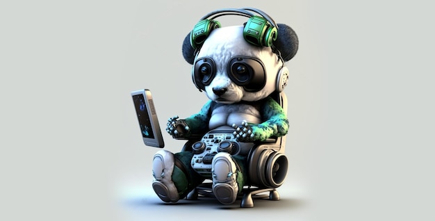 Un panda est assis sur une chaise avec une manette à la main.